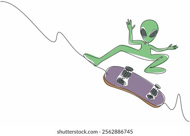 Single continuous line drawing alien is playing skateboard with pose jump and perform tricks. Likes extreme sports that get the adrenaline pumping. Alien Day. One line design vector illustration