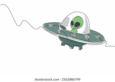 Single continuous line drawing alien riding a ufo. Flying saucer. Long and tiring journey in space. Preparing to invade. Need a place to stop. Fantasy. Alien Day. One line design vector illustration