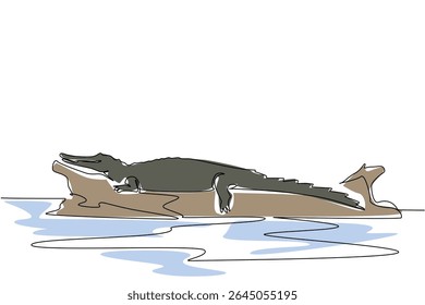 Single continuous line drawing alligator on the surface of fallen tree trunk. Coming to the surface after soaking in water. Acclimatization. National Alligator Day. One line design vector illustration