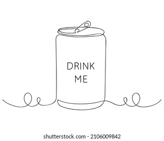 Single continuous line drawing of aluminum can. Stylized soft drink, modern one line style. Line art template of emblem drink store. Doodle container of beer soda water juice packaging. Vector mock up