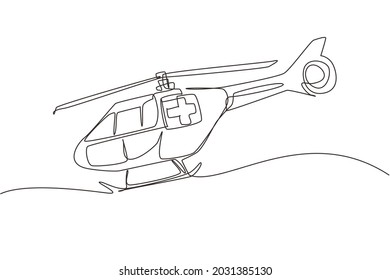 Single continuous line drawing ambulance helicopter. Medical evacuation helicopter. Healthcare, hospital and medical diagnostics. Urgency and emergency services. One line draw graphic design vector