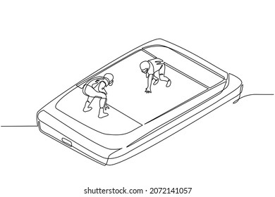 Single Continuous Line Drawing American Football Field With Two Players On Smartphone Screen. Professional Sports Competition: American Football Game, Mobile App. One Line Draw Graphic Design Vector