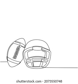Single Continuous Line Drawing American Football Helmet And Ball Isolated On White Background. Athletic Equipment, Healthy Lifestyle, Fitness Activity. One Line Draw Graphic Design Vector Illustration