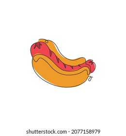 Single continuous line drawing American hot dog logo label. Emblem fast food hotdog restaurant concept. Modern one line draw design graphic vector illustration for cafe, shop or food delivery service