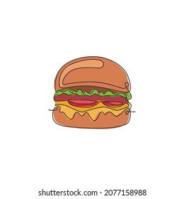 Single continuous line drawing of American burger logo label. Emblem fast food sandwich restaurant concept. Modern one line draw design vector illustration for cafe, shop or food delivery service