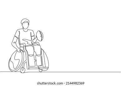 Single continuous line drawing American football player recovering from injury on wheelchair.  man playing on sport competition. Athlete with physical disorder. One line graphic design vector