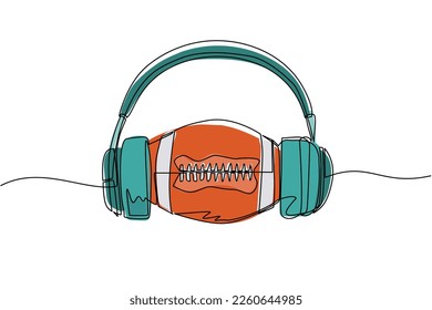 Single continuous line drawing American football ball with headphone. American football commentator sport icon. Flat cartoon style for web, banner, sticker. One line draw design vector illustration