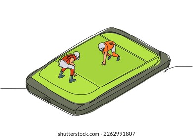 Un solo juego de línea continua dibujando el campo de fútbol americano con dos jugadores en la pantalla del smartphone. Competencia deportiva profesional: juego de fútbol americano, aplicación móvil. vector de diseño gráfico de tracción de línea