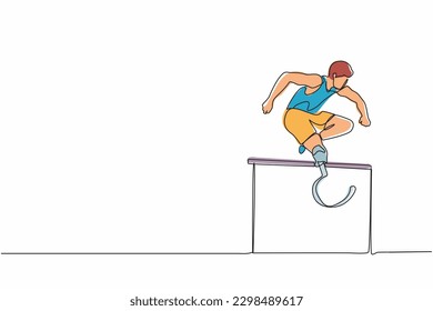 Single continuous line drawing amputated young male athlete jumping, running over hurdle. Disability games with hurdle race. Disability sport concept. One line draw graphic design vector illustration