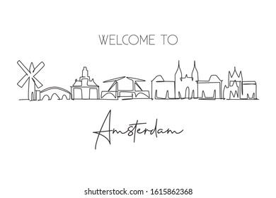 Single continuous line drawing of Amsterdam city skyline, Netherlands. Famous skyscraper landscape postcard. World travel wall decor poster art concept. Modern one line draw design vector illustration