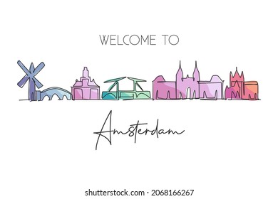 Single continuous line drawing of Amsterdam city skyline, Netherlands. Famous skyscraper landscape postcard. World travel wall decor poster art concept. Modern one line draw design vector illustration