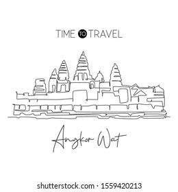 Single continuous line drawing Angkor Wat Temples landmark. Famous place in Siem Reap, Cambodia. World travel tour home art wall decor poster print. Modern one line draw design vector illustration