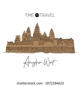 Single continuous line drawing Angkor Wat Temples landmark. Famous place in Siem Reap, Cambodia. World travel tour home art wall decor poster print. Modern one line draw design vector illustration