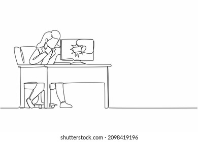 Single continuous line drawing angry businesswoman breaks her laptop computer hitting it with clenched fist sitting at desk. Frustrated woman punching hole in pc screen. One line graphic design vector