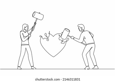 Single continuous line drawing angry couple husband and wife using big hammer to hit broken heart shape. Marriage problem, divorce, violence in broken relationship. One line draw graphic design vector