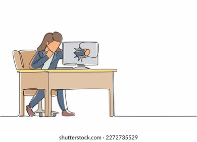 Single continuous line drawing angry businesswoman breaks her laptop computer hitting it with clenched fist sitting at desk. Frustrated woman punching hole in pc screen. One line graphic design vector