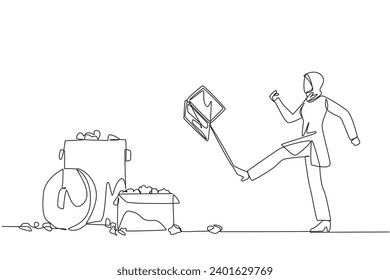 Single continuous line drawing angry Arab businesswoman kicked the laptop into the trash. Venting emotions fails to achieve profit targets. Temperamental. Broken. One line design vector illustration