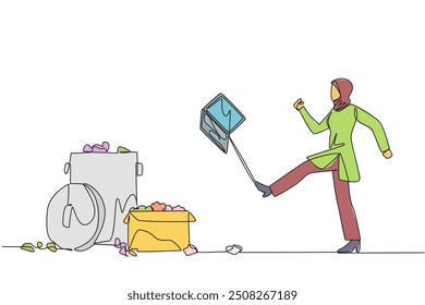 Single continuous line drawing angry Arab businesswoman kicked the laptop into the trash. Venting emotions fails to achieve profit targets. Temperamental. Broken. One line design vector illustration