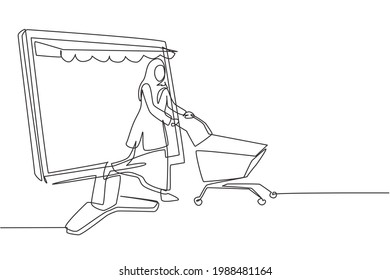 Single continuous line drawing Arab woman coming out of canopy monitor screen pushing a shopping cart. Digital lifestyle consumerism concept. Dynamic one line draw graphic design vector illustration