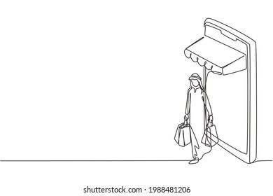 Single continuous line drawing Arab man coming out of canopy smartphone screen holding shopping bag. Digital lifestyle and consumerism concept. Dynamic one line draw graphic design vector illustration