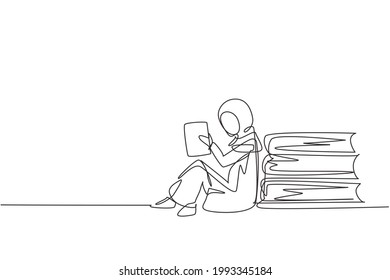 Single continuous line drawing Arab little girl reading, learning and backrest on pile of big books. Study at home. Smart student, education. Dynamic one line draw graphic design vector illustration