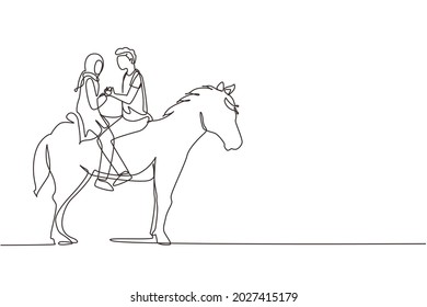 Single continuous line drawing Arab couple riding horses face to face at sunset. Happy man making proposal marriage to woman. Engagement and love relation. Dynamic one line draw graphic design vector