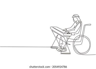 Single continuous line drawing Arab male keyboardist sit wheelchair playing electric keyboard, sing song. Physically disabled. Rehabilitation center. One line draw graphic design vector illustration