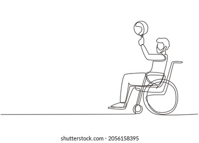 Single continuous line drawing Arab guy in wheelchair plays basketball. Disabled person spins basketball on his finger. Exercise for people with disabilities. One line draw design vector illustration
