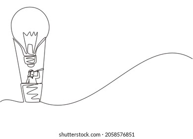 Single continuous line drawing Arab businessman looking through telescope in hot air balloon-light bulb. Man in lightbulb balloon search to success. Business idea concept. One line draw design vector