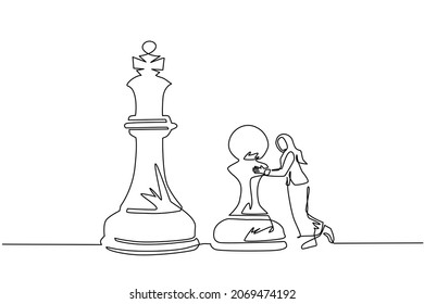 Single continuous line drawing Arab businesswoman push huge pawn chess piece. Business strategy and marketing plan. Strategic move in business concept. One line draw graphic design vector illustration