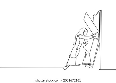 Single continuous line drawing Arab businesswoman punching and destroying door. Eliminating barrier of entries, overcome challenges, destroying obstacles with power force. One line draw design vector