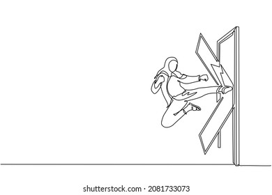 Single Continuous Line Drawing Arab Businesswoman Kicks The Door With Flying Kick Until Door Shattered. Woman Kicking Locked Door. Business Concept Of Overcoming Obstacles. One Line Draw Design Vector