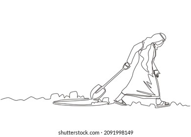 Single continuous line drawing Arab businessman walking unsteadily leaving hole dug dragging shovel. Man dig in tunnel trying to get to goal. He gave up and stopped trying. One line draw design vector