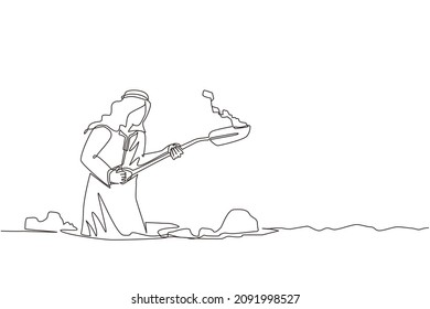 Single continuous line drawing Arab businessman digging in dirt using shovel. Man in suit dig ground with spade. Treasure digging, growth wealth concept lucky rich man. One line graphic design vector