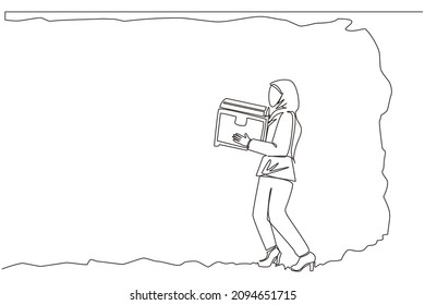 Single continuous line drawing Arab businesswoman carrying treasure chest from underground. Treasure digging, growth wealth concept lucky rich woman, hard working process. One line draw design vector
