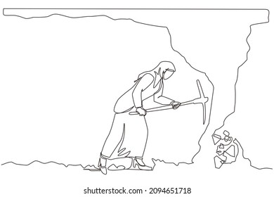 Einfache, durchgehende Zeichnung arabische Geschäftsfrau Graben mit Pickaxe zu Diamant. Graben und Abbau von Arbeiter für Diamanten in einem unterirdischen Tunnel. Grafikdesign mit einer Linie, Vektorgrafik