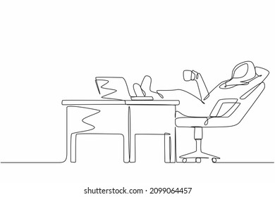 Single continuous line drawing Arab businesswoman work relaxed at desk and drink cup of coffee. Flat design of employee character working with laptop computer. One line draw design vector illustration