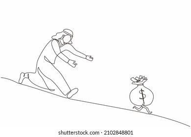 Single continuous line drawing Arab businessman chasing money bag dollar run away. Concept of achieving goals and profits, striving for success, running for money. One line draw graphic design vector