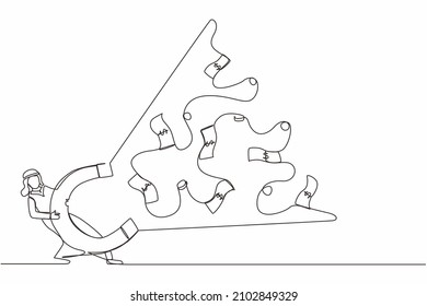 Single continuous line drawing Arab businessman using big magnet to attract money. Making money, successful business idea, financial success, gain, and profit. One line draw design vector illustration