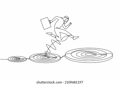 Single continuous line drawing Arab businessman jumping on bigger target, successfully. Advancement in career or business growth concept. Aspiration and motivation. One line draw graphic design vector