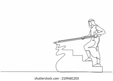 Single continuous line drawing Arab businessman use huge pencil to draw rising up stairs, walk climbing up ladder. Strategy reach business target, career path achievement. One line draw design vector