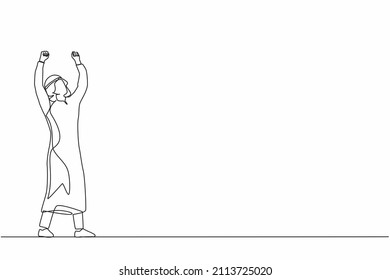 Single continuous line drawing Arab businessman standing and raising hands or arms. Successful male. Career goal. Victory sign or symbol. Winner pose. One line draw graphic design vector illustration