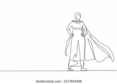 Single continuous line drawing Arab businesswoman wearing superhero cloak. Full length of businessman dressed as superhero. Successful businesswoman superhero in cloak. One line graphic design vector