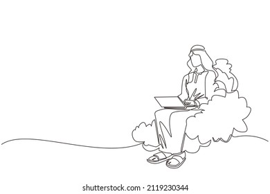 Single continuous line drawing Arab businessman sitting on cloud in sky, working with laptop. Wireless connection. Social networking, chatting using cloud storage. One line draw graphic design vector