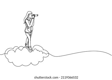 Single continuous line drawing Arab businesswoman riding high cloud holding telescope or binocular to search for business visionary. Leadership vision company strategy. One line graphic design vector