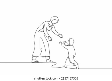 Single continuous line drawing Arab mom and little daughter running to each other with open arms. Mother, girl, kid. Parenthood, childhood, parenting concept. One line draw design vector illustration