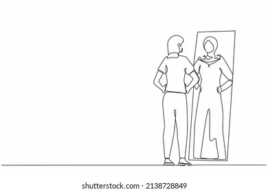 Single Continuous Line Drawing Arab Businesswoman Looking At Reflection In Mirror And Seeing Super Hero Standing. Leadership, Ambition And Self Confidence. One Line Graphic Design Vector Illustration