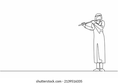 Single continuous line drawing Arab male musician playing flute, standing on stage. Flutist performing classical music on wind instrument. Solo performance of talented flautist. One line design vector