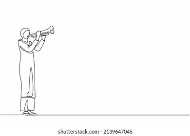 Single continuous line drawing Arab woman playing trumpet. Music instrumental. Jazz musician playing trumpet instrument. Trumpet player. Orchestra performer. Music performance. One line design vector