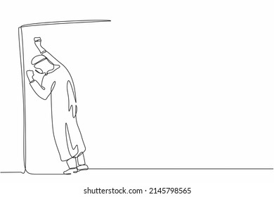 Single Continuous Line Drawing Arab Businessman Crying Sad Lost His Opportunity. Depressed Office Worker Wailing On The Wall Losing His Job. Depressive Disorder, Sorrow. One Line Graphic Design Vector